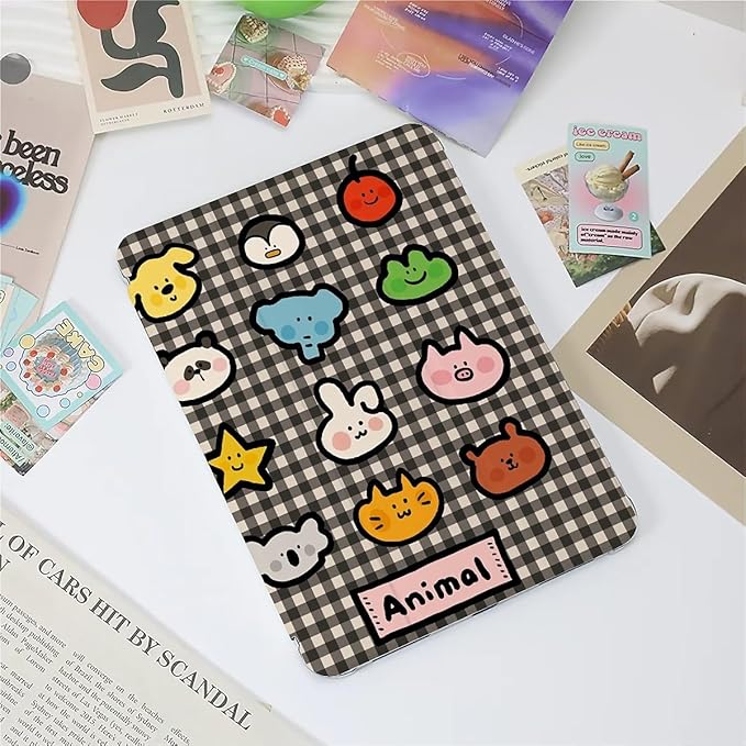 Cute Animals On Black Stripes Case Compatible with IPad 9th 8th 7th Generation 10.9 Inch 2021-2018Funny Cover with Trifold Stand+Pencil Holder for Boys GirlsiPad 10.9in 2022