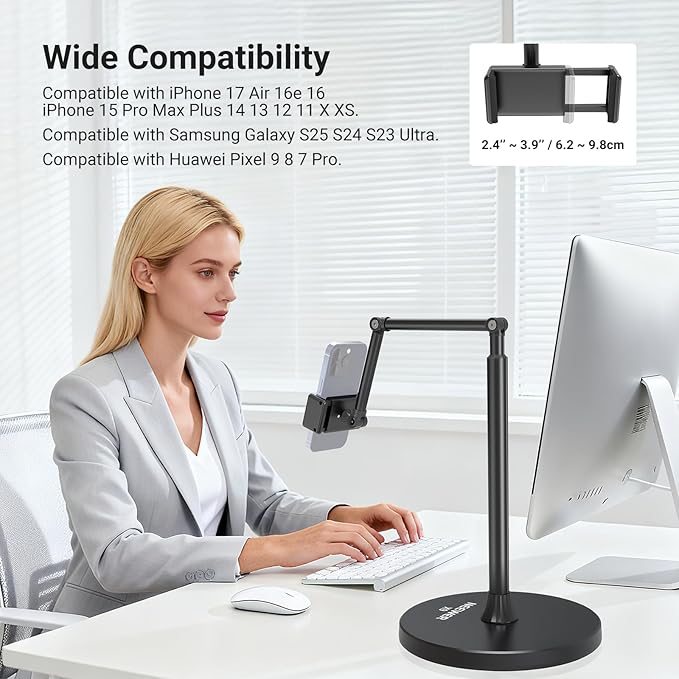 NEEWER Entry Level Version Phone Floor Stand Adjustable Office Table Bedside Cell Phone Holder Clamp Holder Mount Compatible with iPhone Samsung Android for Video Recording Weighted Metal Base X9