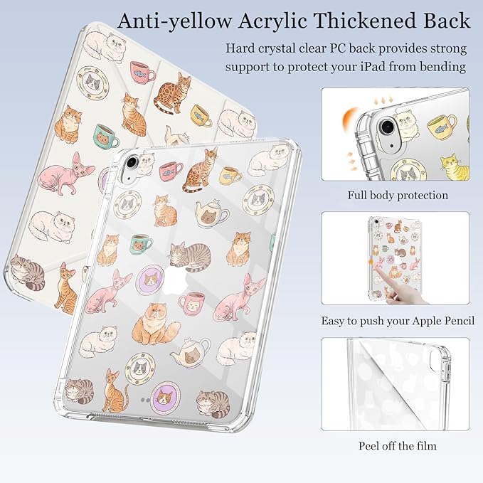 Cute Kawaii Cat Kitten for iPad Pro 11 Inch Case (M5/M4) 2025/2024 with Pencil Holder Auto Sleep/Wake White Leather Acrylic Back Detachable Cover
