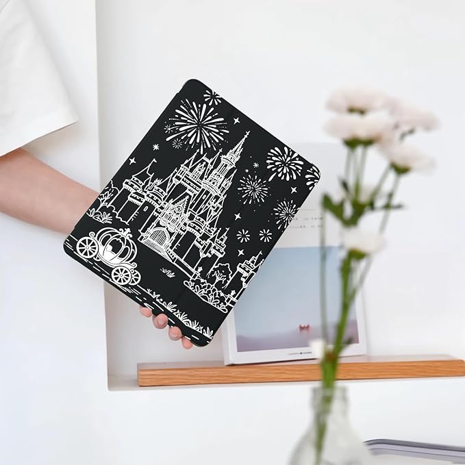 Cute White Castle for iPad Air 13 Inch Case M3 2025/M2 2024 with Pencil Holder Auto Sleep/Wake Black Leather Soft TPU Back Cover