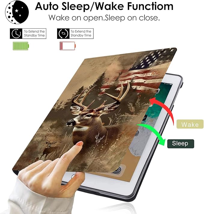 Compatible with iPad Air 13 inch Case (M3 2025 /M2 2024)/12.9 inch Case (6th/5th/4th/3rd 2022/2021/2020/2018) with Pencil HolderAuto Wake/Sleep Protect CoverVintage American Flag Elk Deer