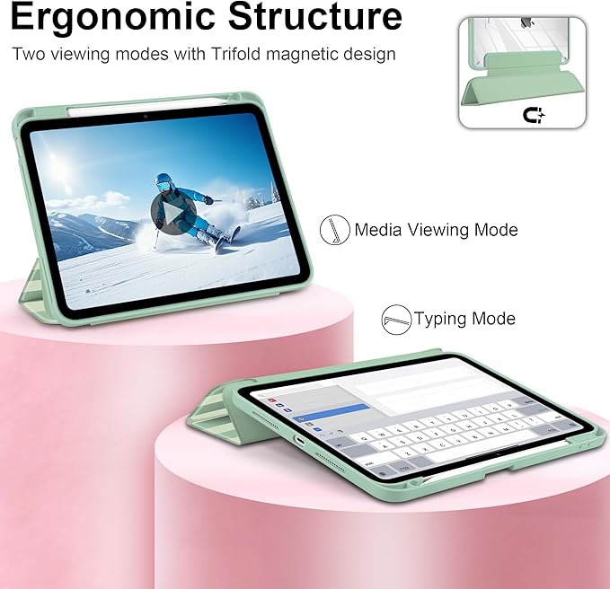 Case for iPad Pro 11 Inch (M5 2025 M4 2024) – [Built-in Pencil Holder] Shockproof &amp Stylish Clear Hard Back + Soft TPU Edge Magnetic Trifold Stand Auto Wake/Sleep Green Striped