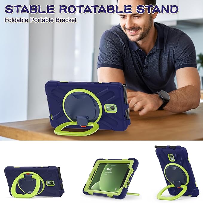 Rugged Case for Samsung Galaxy Tab Active5 5G (SM-X306B/X300) w/ 360° Rotating Hanging Ring Handle Grip Kickstand Heavy Duty Shock-Proof Armor Cover w/Shoulder Strap Stylus Holder(Navy+Lime)