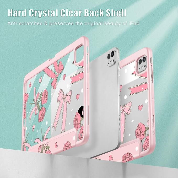 Tuiklol for iPad Pro 11 Inch (M5 2025 / M4 2024) Case Buit-in Pencil Holder with Slim Clear Back Cover Protection Trifold Stand-Auto Wake/Sleep Tablet Case Black Flower Bow &amp Rose