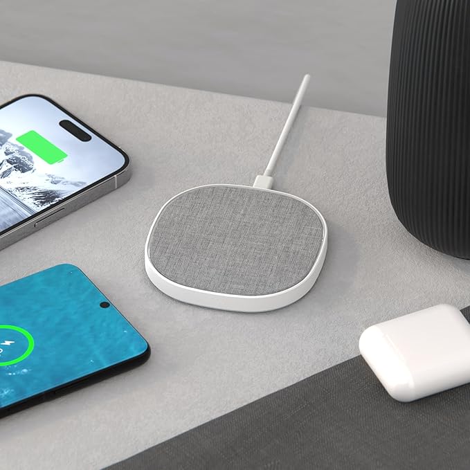 PhoneSuit Novo Wireless Charger Pad | 15 Watt Fast Charger | Linen Style Gray Fabric | for iPhone 16/15/14/13/12/11 Series/Samsung S24 AirPods &amp More