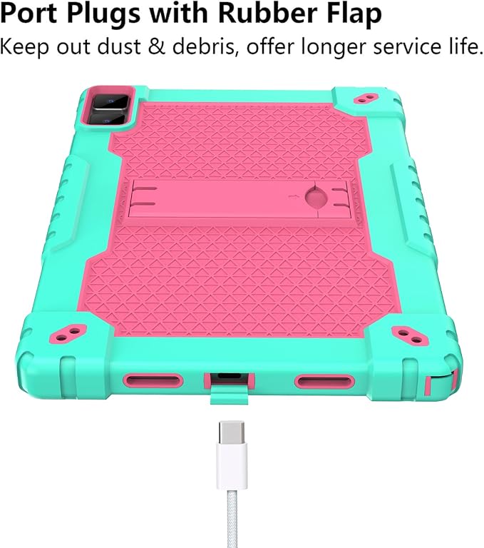 Doemoi case for DOOGEE T10 PlusUMIDIGI A13 10.5TECLAST T40HD T40Air 10.4 Hybrid Shockproof Protective Kids Firendly Case with Hard Shell Built in Kickstand Shoulder Strap (Green/Pink)