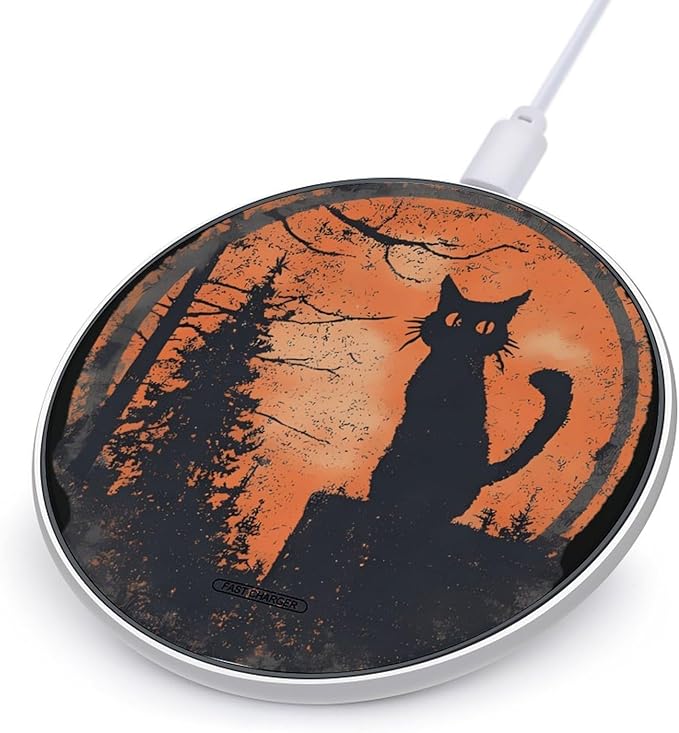 Vintage Halloween Black Cat Fast Portable Charger 10W Funny Graphic Phone Charging Pad with USB Cable
