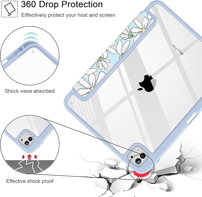 May Chen Case for iPad Pro 11-Inch M5/M4 2025/2024 (6th/5th Generation) [Penceil Holder] Trifold Stand Auto Wake/Sleep Clear TPU Protection Back Cover Heart Rabbits