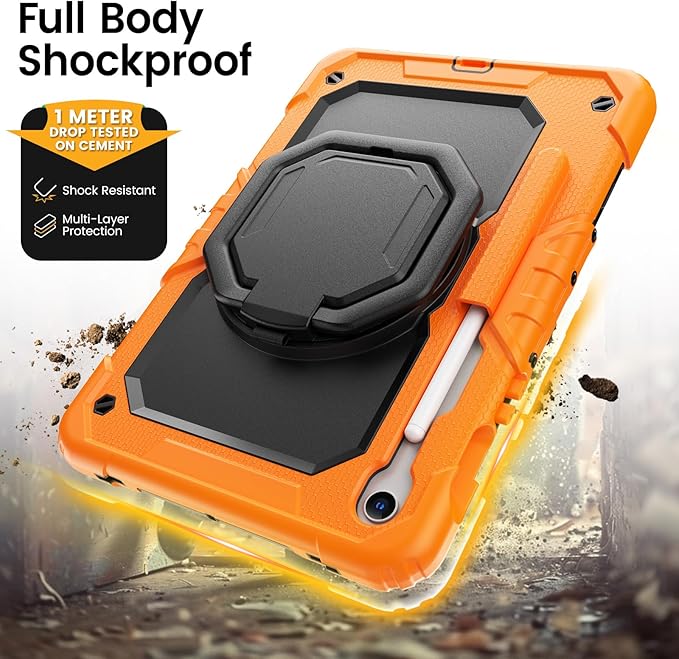 HXCASEAC Case for Galaxy Tab S10 lite / S10 FE / S9 FE 10.9 Inch Shockproof | 360° Rotating Stand | S Pen Holder | Screen Protector | Shoulder Strap | Samaung S10 Lite Tablet Case Kids Orange