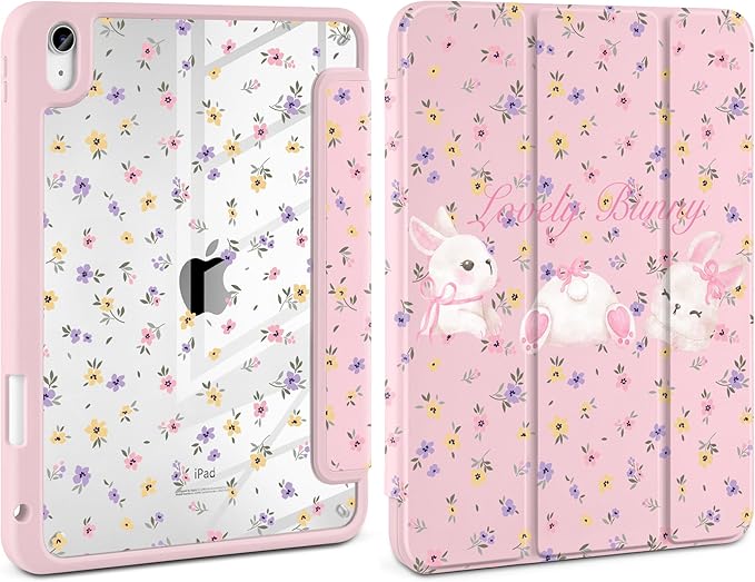 Case for iPad (A16) 11th Generation 11 inch 2025 /iPad 10th Gen 10.9 2022- Cute Patterns Light Pink Cover with Clear Back Shell Auto Wake Sleep Trifold Stand &amp Pencil Holder White Rabbit