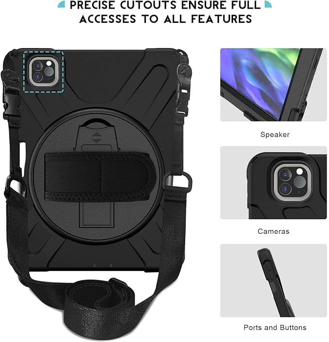 ProCase iPad Pro 11 inch Case 2021 2020 2018 with Apple Pencil Holder Rugged Heavy Duty 360 Rotating Kickstand Protective Cover with Shoulder Strap for iPad Pro 11” 3rd Gen / 2nd Gen / 1st Gen –Black