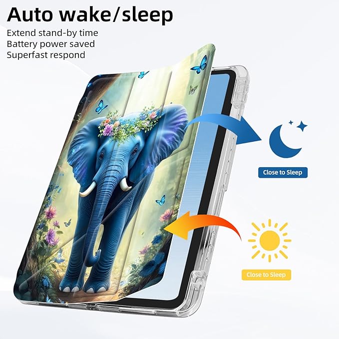 for iPad mini 7 A17 Pro 2024/iPad Mini 6 2021 Case with Pencil HolderFoldable Y-Shaped CoverStylish Clear Multi-Angle Viewing&ampAuto Sleep/Wake Blue Elephant with Flower Tablet Case