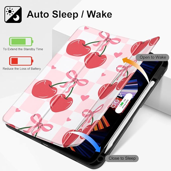 Mektron Case for iPad Air 11 inch (M4 2026 8th /M3 2025 7th /M2 2024 6th) Compatible with iPad Air 10.9 (2022 5th Gen /2020 4th Gen) Tablet Cover Buit in Pencil Holder Cherries Bows C353