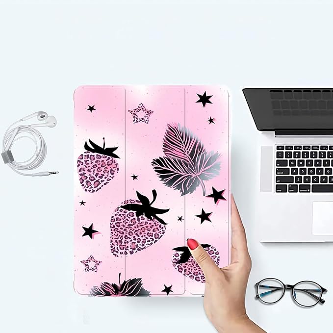 JOYLAND Y2k Leopard Print Strawberry Case for iPad mini 7th(A17 Pro) 2024 / Mini 6th Generation 8.3 2021Pencil Holder &amp Clear Transparent Back &amp Trifold Smart Tablet Cover for Girls Women