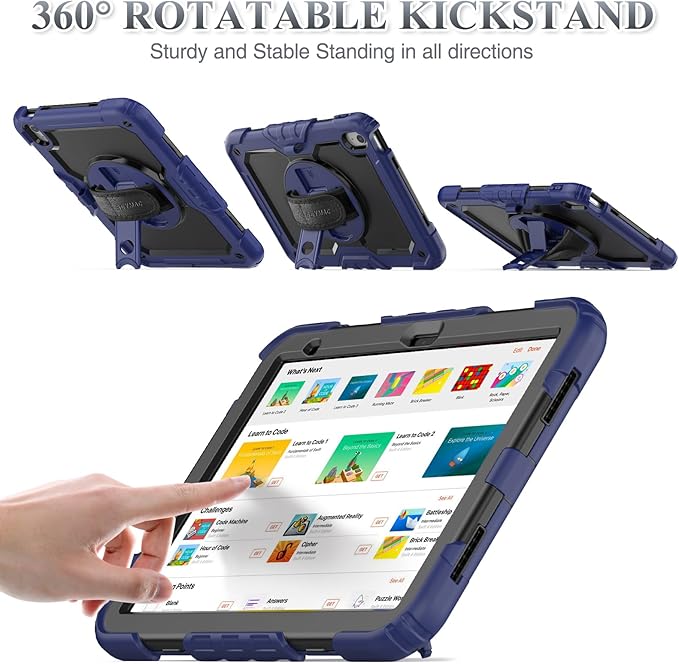 SEYMAC stock Case for iPad (A16) 11th/10th Generation 11''/10.9'' 2025/2022 Full-Body Drop Protection Case with Screen Protector &amp360° Rotate Hand Strap/Stand Navy Blue