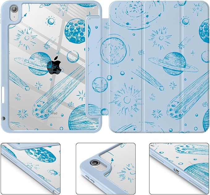 Tuiklol for iPad (A16 Chip) 11th Generation 11 inch 2025 / iPad 10th Generation 10.9 inch 2022 Case Buit in Pencil Holder with Clear Back Shell Cover Trifold Stand Auto Wake/Sleep Space Comets-Blue