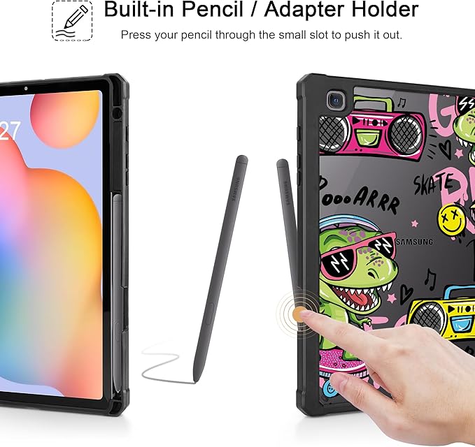Mektron Case for Samsung Galaxy Tab S6 Lite 10.4 Inch 2024/2022/2020 with S Pen Holder Multi-Angle Viewing with Shockproof Cover Clear Shell + Trifold Stand + Auto Wake/Sleep Cool Dinosaur