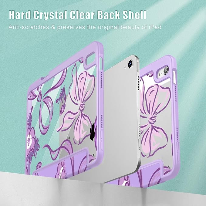 Mektron Printed Case for iPad mini 7 (A17 Pro) 2024/ Mini 6 2021 iPad mini 7th/6th Generation 8.3-inch Liquid Retina Display Cover Buit in Pencil Holder with Clear Back Shell Flowers-Bows-Purple