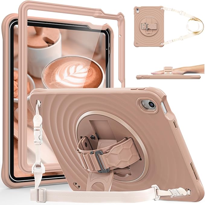 Case for iPad A16 11-inch (2025) &amp iPad 10th Gen 10.9-inch (2022) HD Screen Protector Strong Military-Grade Full-Body Shockproof Protection 360° Rotating Handle Strap &amp Shoulder StrapLatte