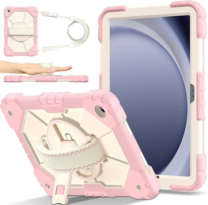 Case for Samsung Galaxy Tab A11+ 11 Inch 2025 (X230/X236B)/A9 Plus(X210/X216/X218) Heavy Duty Shockproof Rugged 360 Rotating Hand Strap Protective Case for Tab A11 Plus Rose Gold+Cream Stone
