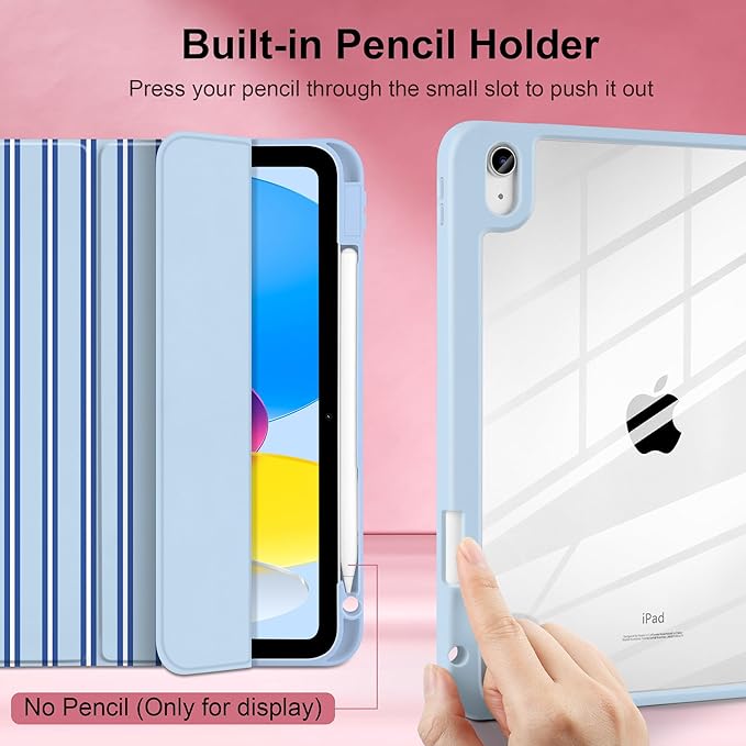 Case for iPad A16 11th Generation 11 inch 2025 iPad 10th Generation 10.9 inch 2022 -[Built-in Pencil Holder] Shockproof Clear Hard Back Trifold Stand Auto Wake/Sleep Blue Stripes