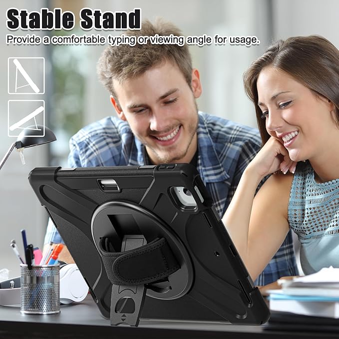 Batianda Case for iPad Air 13 inch 2025 2024 M3/M2 Chip Heavy Duty Rugged Durability Silicone Tablet Cover with 360° Rotating Hand Strap Foldable Hidden Stand &amp Shoulder Strap Black