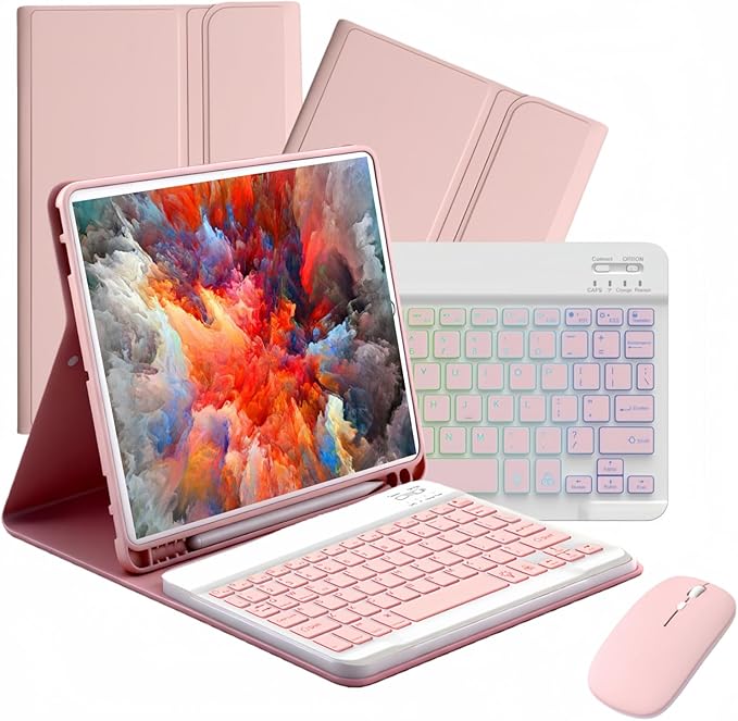 Keyboard Case for Samsung Galaxy Tab S10 Lite/S10 FE/S9/S9 FE 5g 10.9 inch–7-Color BacklitDetachable Wireless Bluetooth Keyboard Case Thin &amp Light with Built-in Pencil Holder with Mouse. (Pink)