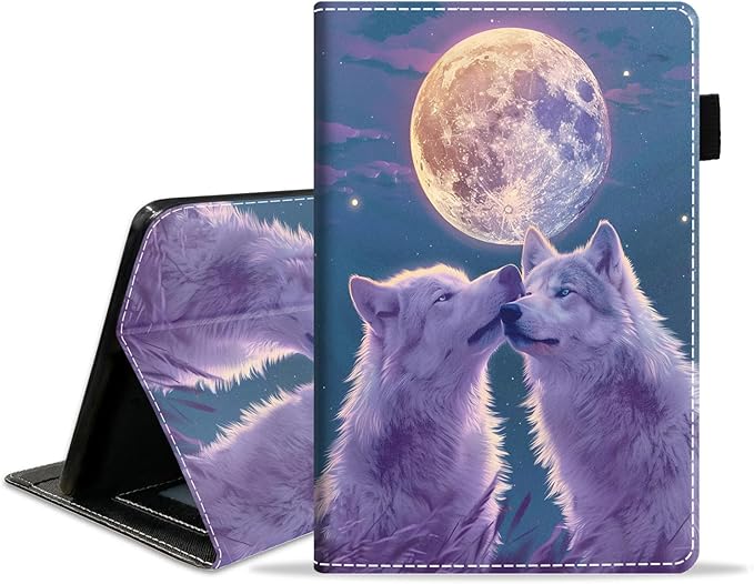 Case for Amazon Kindle Fire 7 Tablet (7 9th/7th Generation 2019/2017 Release) Slim PU Leather Cover with Card Slot &amp Auto Wake/Sleep White Wolf Under The Moon