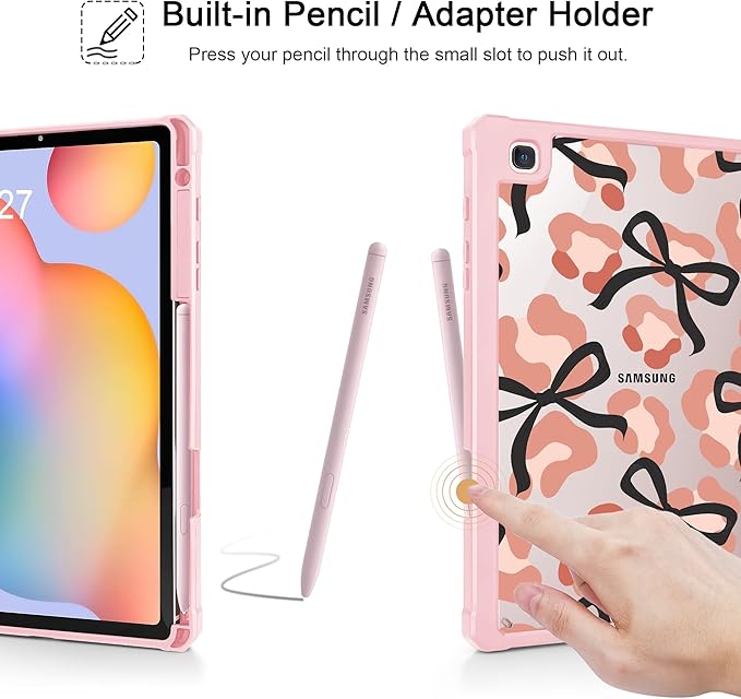 Mektron Case for Samsung Galaxy Tab S6 Lite 10.4 Inch 2024/2022/2020 with S Pen Holder Multi-Angle Viewing with Shockproof Cover Clear Shell + Trifold Stand + Auto Wake/Sleep Leopard Bows