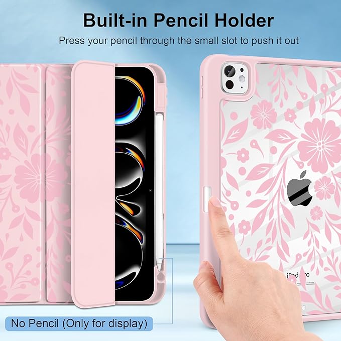 MecBevia Case for iPad Pro 11 inch M5 2025 / M4 2024 (6th/5th Gen) A3357 A3358 A3359 A2836 A2837 A3006 – Built-in Pencil Holder &amp Auto Wake/Sleep Pink Bloom