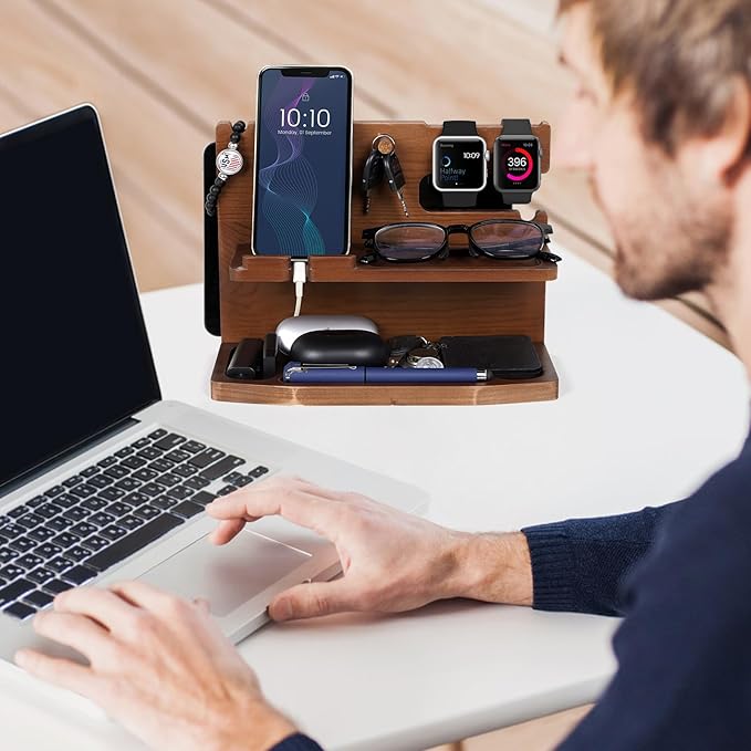Gifts for Men Desk or Nightstand Organizer - Wood Phone Docking Station - Birthday Gifts for Husband Fathers Day for Dad - Anniversary Idea from Wife - Key Holder Stand Wallet Watch &amp Essential