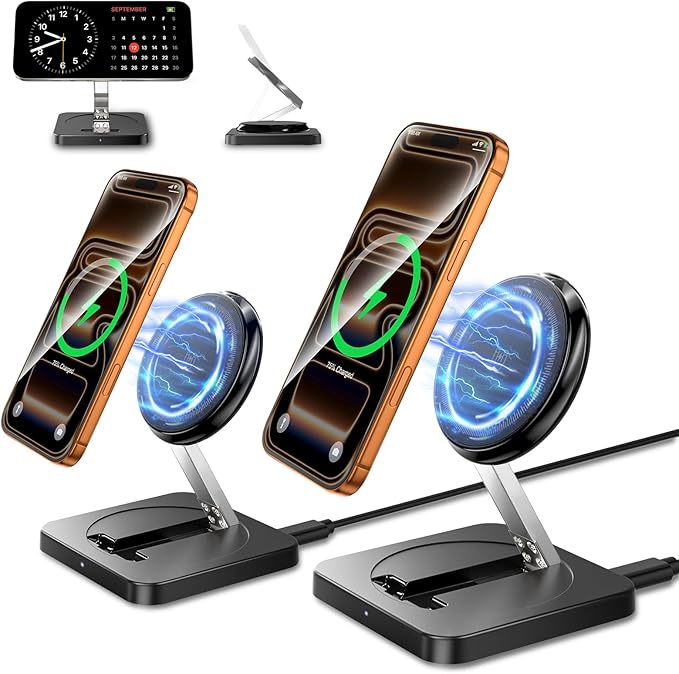 Magnetic Wireless Charger [2 Pack] 15W Foldable Fast Charging Stand for iPhone 17/16/15/14/13/12 Series/AirPods 3/2/Pro 2/3 Samsung Wireless Charger Station for Galaxy S25 Ultra/S24/S23/S22/S21/S20