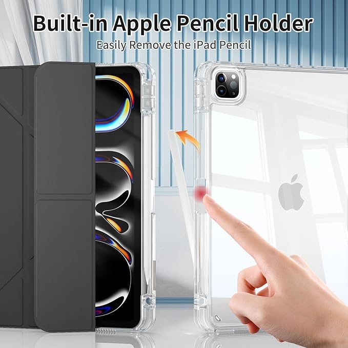 kenke Case for iPad Air 13 Inch (M3 2025/M2 2024) iPad Pro 12.9 Inch 6th/5th Generation (2022/2021) with Pencil Holder Y Folding Stand Cover with Hard Clear PC Back Support Touch ID Black
