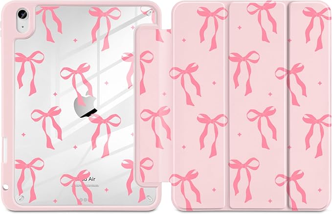 MecBevia Case for iPad Air 11-inch M4 2026 / M3 2025 / M2 2024 Slim Protective Cover with Built-in Pencil Holder Auto Wake/Sleep Pink Bow
