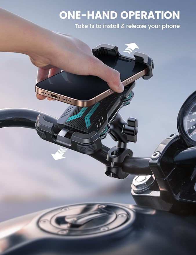 Lamicall Motorcycle Phone Mount Holder - [Dual Vibration Dampener] [Metal Adjustment Arm] Motorcycle Cell Phone Holder Bike Handlebar Phone Mount for iPhone 16 15 14 Pro Max 4.7-6.7 Phones Blue