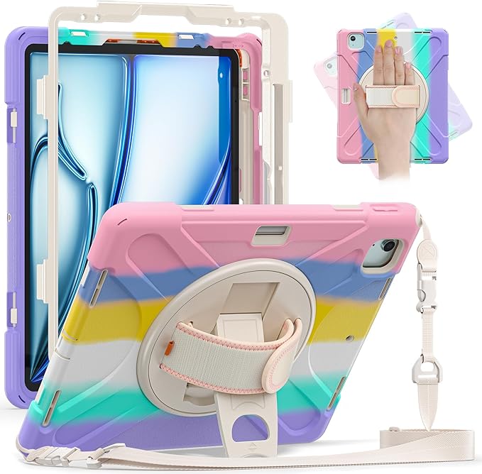 for iPad Air 13-inch M2 (2024) A2898/A2899 for iPad Pro 12.9 Rugged Case Portable Heavy Duty Shock-Proof Armor Cover with Swivel Kickstand/Hand Grip Shoulder Strap Pencil Holder (Macaron)