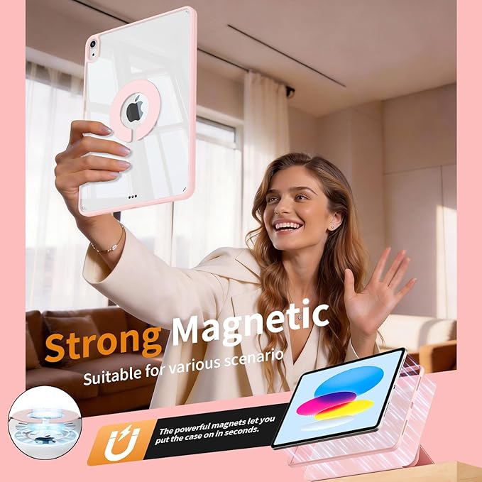 KENKE Magnetic Detachable Case for iPad A16 11th/10th Generation (11/10.9-Inch 2025/2022) with Pencil Holder 3+Y-Stand Removable 360° Rotating Clear Cover with Transparent Hard Back Pink