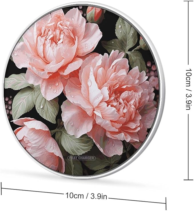 Peony Flowers Rose Wireless Charger Fast Wireless Charging Pad with USB Cable 10W Anti-Slip Magnetic Wireless Charger Portable Slim Charger Puck Travel Charging Station