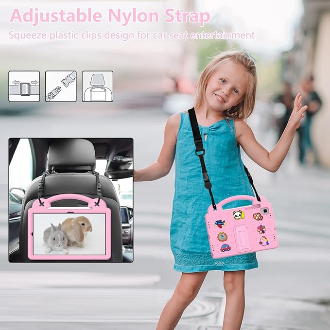 Compatible with Samsung Galaxy Tab A7 10.4 (2020/2022)/Tab S6 10.5(2019)/Tab S5e 10.5 inch(2019)/Tab S6 Lite 2020/2022 10.4 Tablet Case Shoulder Strap &amp Pen Tray for Girl Kid Gift Pink