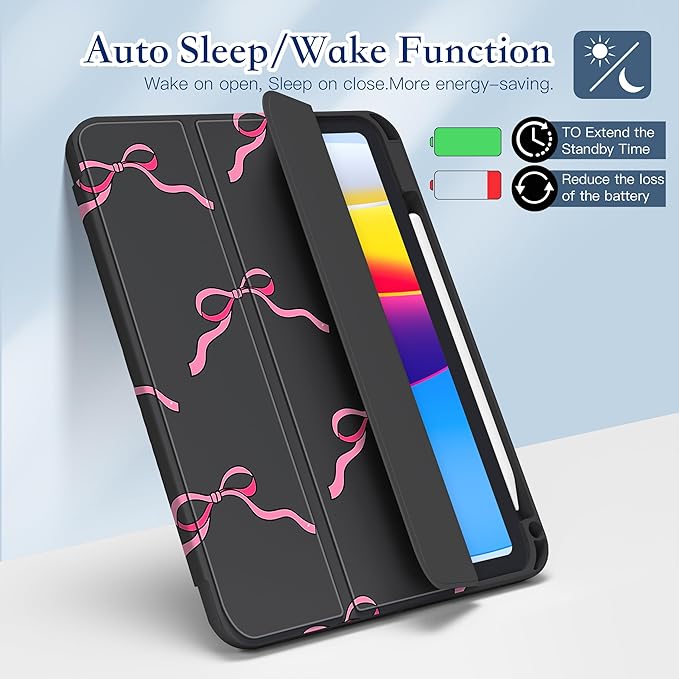 CISSOOK Case for iPad 11 Inch 2025 (A16) / 10.9 inch iPad 10th Generation 2022 with Apple Pencil Holder Auto Wake/Sleep Black Base with Pink Bow
