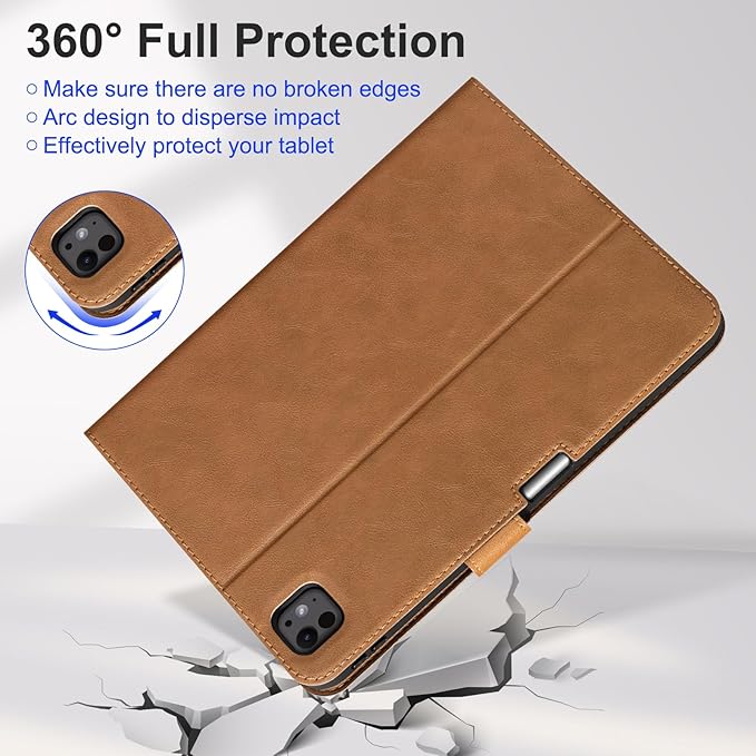 Genuine Leather Case for iPad Pro 13 Inch M5 2025/M4 2024 with Pencil HolderProtective Shockproof Premium Leather Smart Folio Cover Adjustable Stand Auto Sleep/Wake Anti-Slip Brown