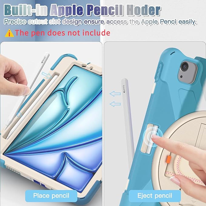 Batianda Case for iPad Air 11 inch 2025 M3 2024 M2 Chip Heavy Duty Rugged Durability Silicone Tablet Cover with 360° Rotating Hand Strap Foldable Hidden Stand &amp Shoulder Strap Colorful Blue
