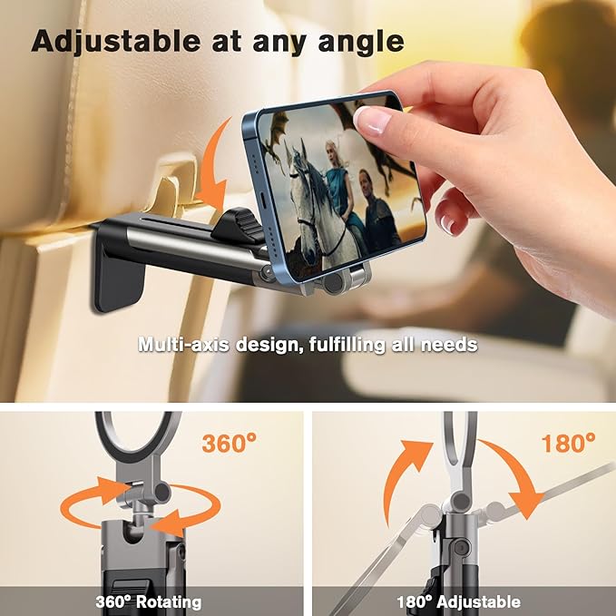 Airplane Phone Holder Mount360° Adjustable Hands-Free MountHandsfree Airport Mount Long Flight Must Haves for Woman Man Fits iPhone 17 16 15 14 Pro Max Series
