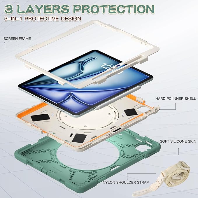 MEEgoodo Case for iPad Air 13 inch 2025 (M3) /2024 (M2) &amp iPad Pro 12.9 Case 6th/5th/4th/3rd Generation 2022 2021 2020 2018 Tablet Cover with Pencil Holder/Rotating Stand/Shoulder StrapEmerald G