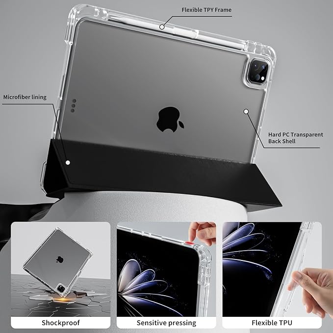 Case for iPad Air 13 Inch M3/M2 (2025/2024)iPad Pro 12.9 inch 2022/2021/2020 (6th/5th/4th Gen) | 2-in-1 Removable Clear Back Cover | Wireless Pencil Charging | Auto Sleep/WakeBlack