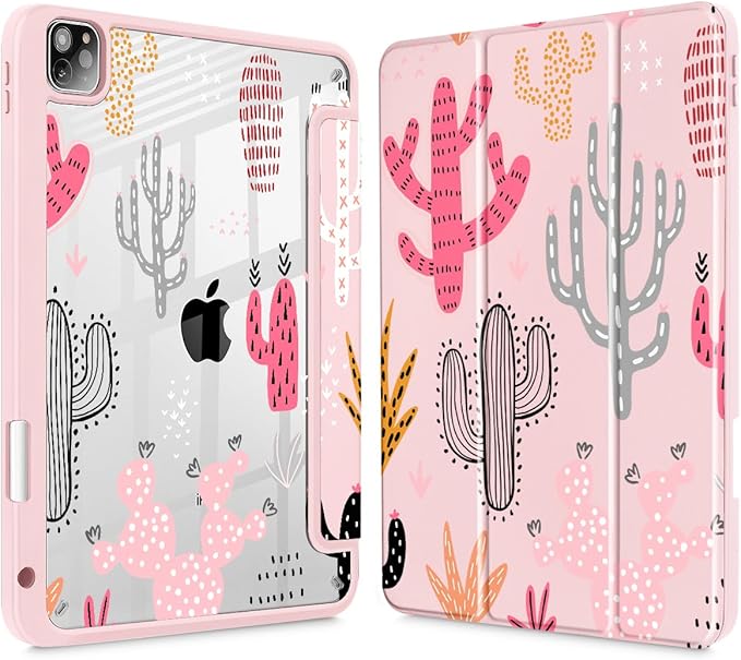 Tuiklol Case for iPad Pro 12.9 Inch M2 Case 2022 2021 2020 2018 Generation 6th/5th/4th/3rdBuilt-in Pencil 2nd Holder Clear Transparent Protective Back Shell CoverCactus