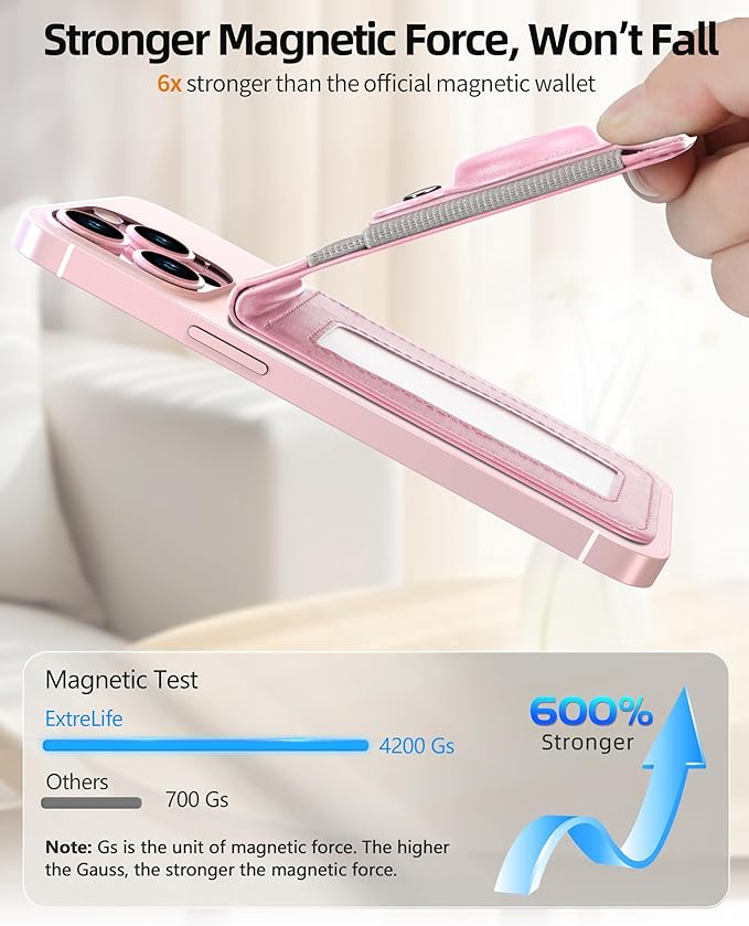 For Magsafe Wallet with Airtag Holder Strong Magnetic Wallet for iPhone 17/16/15/14/13/12 Series for iPhone Walletwith Adjustable Stand ID Window 4 Card Slots 10 Cards Holder Vegan Leather Pink