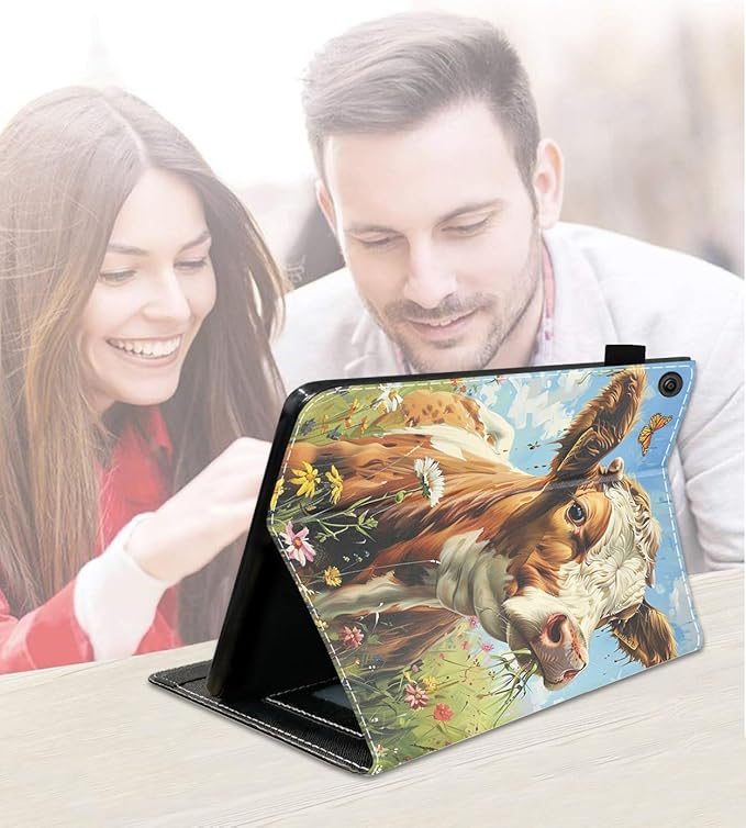 Case for Amazon Kindle Fire 7 Tablet (7 9th/7th Generation 2019/2017 Release) Slim PU Leather Cover with Card Slot &amp Auto Wake/Sleep Watercolor Art Cow