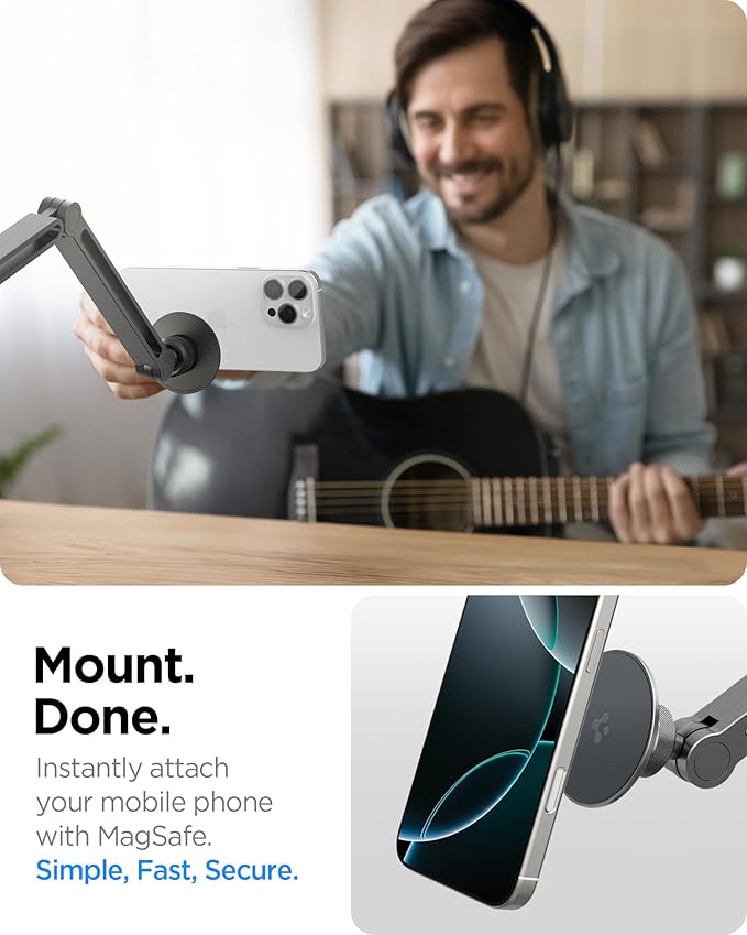 Spigen OneTap (Magfit) Adjustable and Flexible Phone Holder Clamp Stand with Magsafe Overhead Mount Bed Accessories Compatible with iPhone 16 15 14 13 12 Series &amp MagSafe Cases - Space Gray