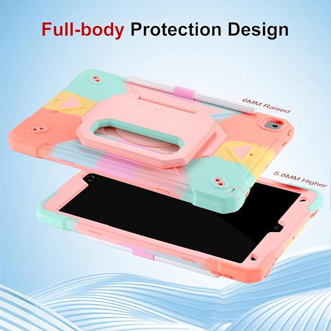 Case for iPad 9th Generation (2021) /iPad 8th Gen (2020)/iPad 7th Gen (2019) Military Grade Shockproof iPad Case Built-in 360°Rotating Stand/Pen Slot/Shoulder Strap for iPad 10.2 (Rainbow Pink)